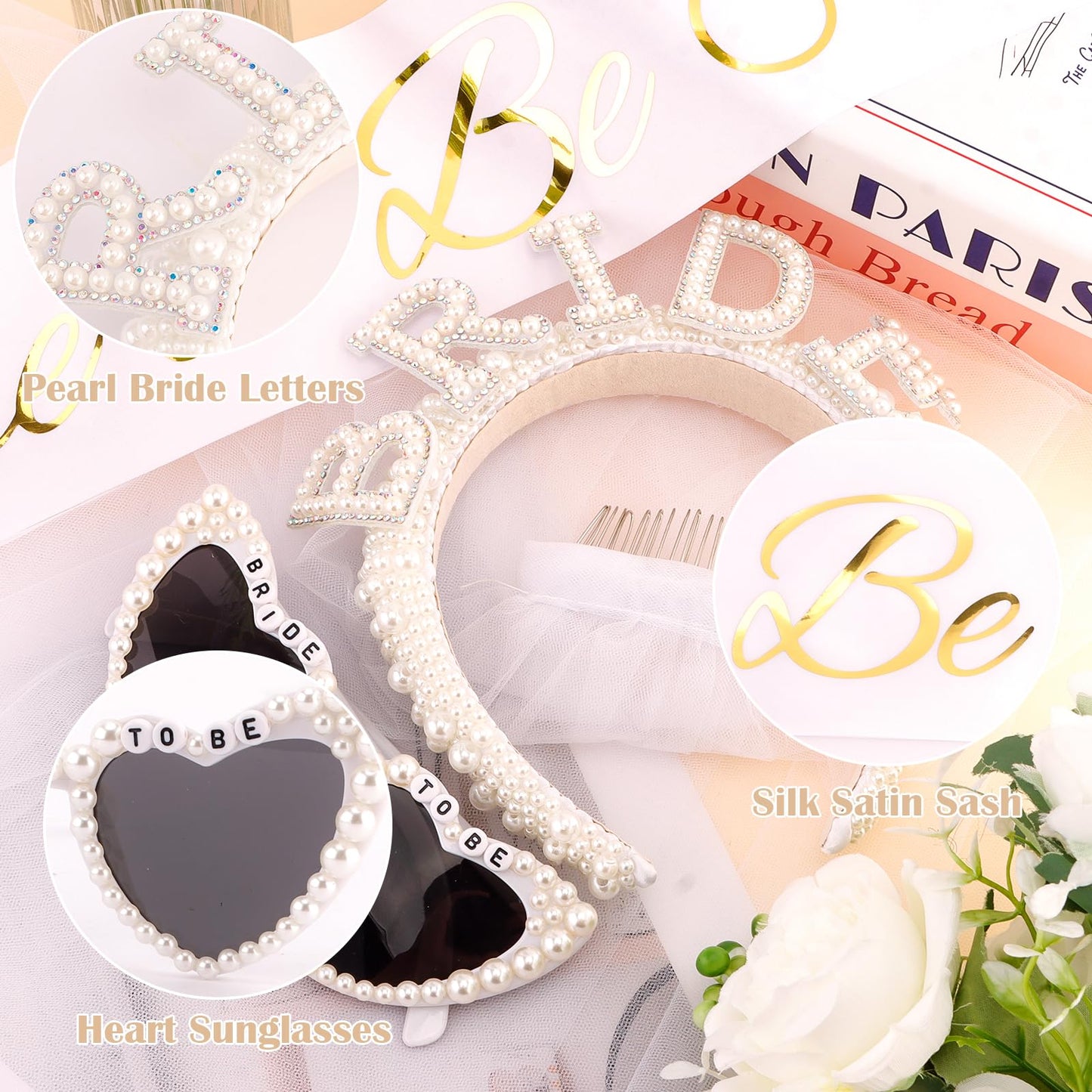 KICOSY 4PCS Bridal Set - Bride Headband, Heart-Shaped Sunglasses, “Bride to Be”Sash & Veil - Bachelorette Party, Bridal Shower, Wedding Photos & Ceremony