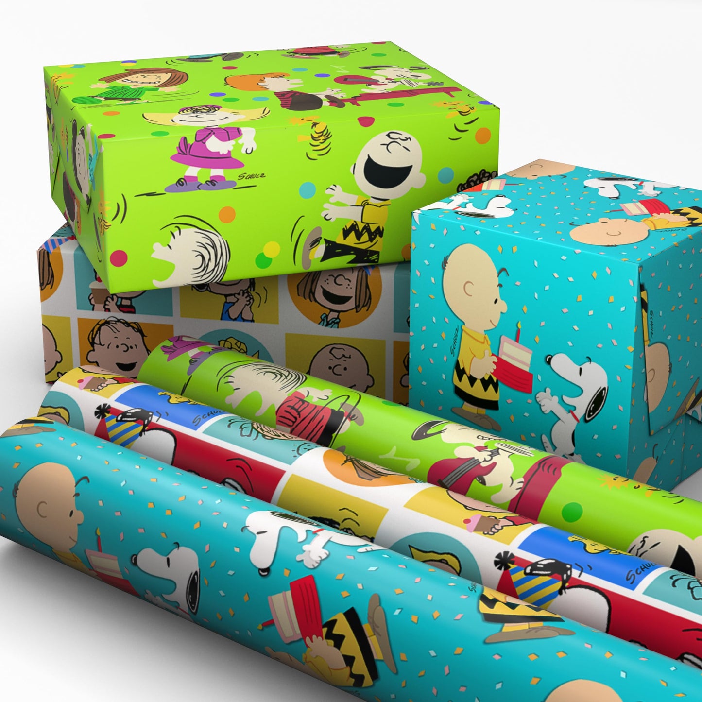 Hallmark Peanuts Wrapping Paper Rolls for Birthdays, Easter, Christmas (Set of 3 Rolls: 60 Sq. Ft. Total) Snoopy, Charlie Brown, Woodstock, Green, Blue, Red