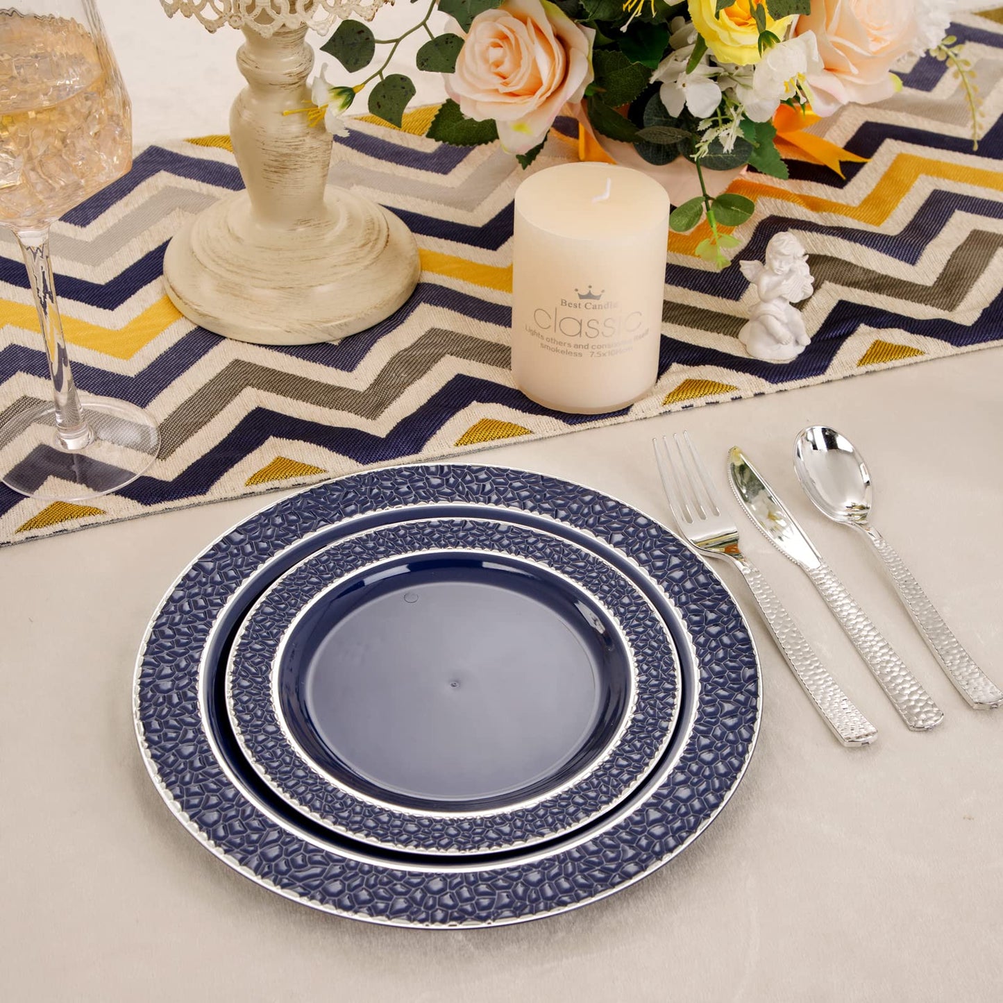 Ciaell 150 PCS Blue and Silver Plastic Plates - Blue Disposable Plate include 50 Plates, 25 Knives, 25 Forks, 25 Spoons, 25 Cups for Weddings & Party & Graduation