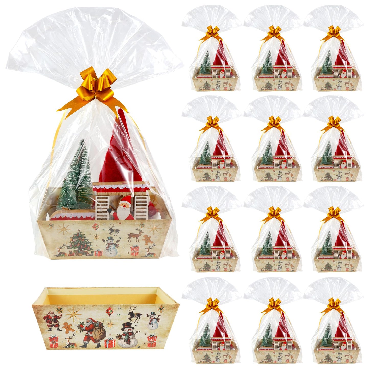 Kolewo4ever 36Pcs 12 Pack Christmas Basket Gifts Set 8x10'' Gifts Baskets for Gifts Empty to Fill with Baskets Empty, Vintage Style Xmas Basket Bags,Pull Bows for Christmas Holiday