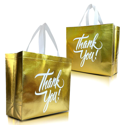 Nush Nush Gold Thank You Gift Bags Large Size – Set of 12 Stylish Gold Thank You Bags With Handles in Bulk - Appreciation Party Favor Bags For Small Business, Gifting Events, Christmas - 13Wx5Dx11H