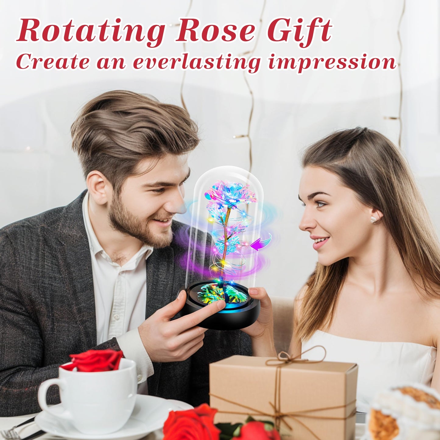 Childom Birthday Gifts for Women,Flowers for Delivery Prime,Rotating Colorful Rainbow Light Up Rose in A Glass Dome,Spinning Christmas Rose Gifts for Her Mom Wife Girl Grandma on Anniversary Valentine