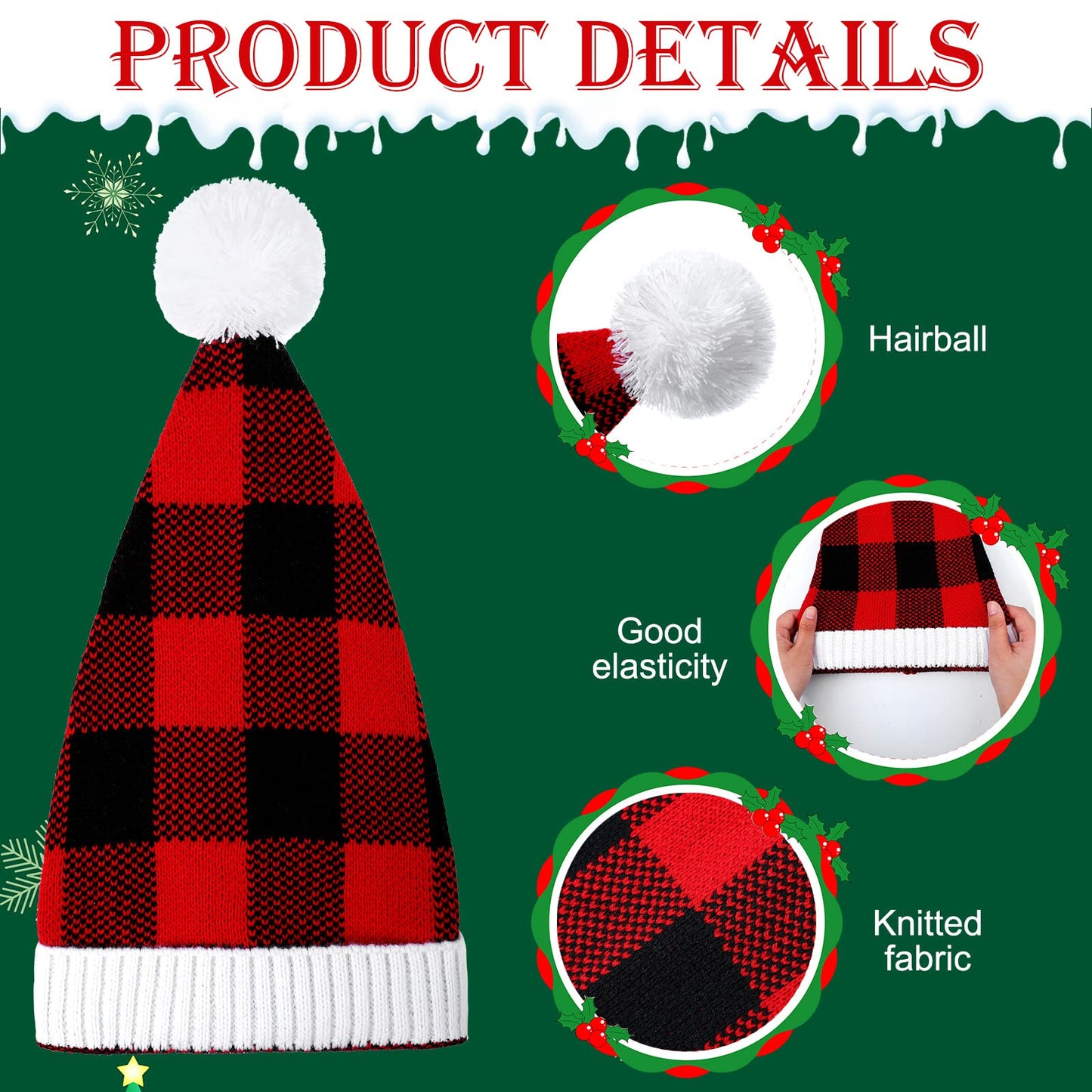 Loopeer 3 Pieces Christmas Hats Christmas Knitted Caps Winter Warm Beanie Plaid Hats with Pom Pom Santa(Red, Black)