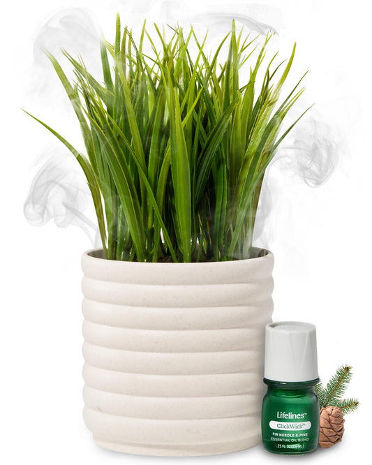 Lifelines Plant Diffuser with Modern Planter, Grass - Rechargeable Aromatherapy Diffuser, Artificial Faux Plants Home & Office - ClickWick Essential Oil Blend Included