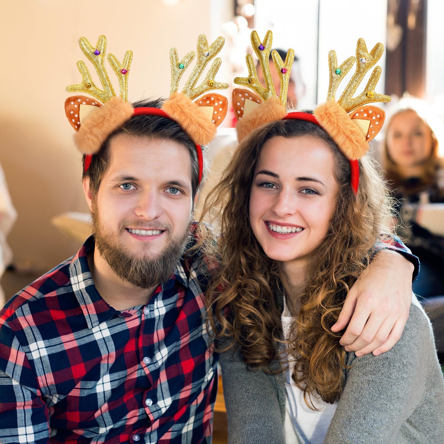 Crowye 6 Pcs Christmas Reindeer Antlers Headband Xmas Glitter Elk Antlers Headband for Hair Accessories(Sequin Bell)