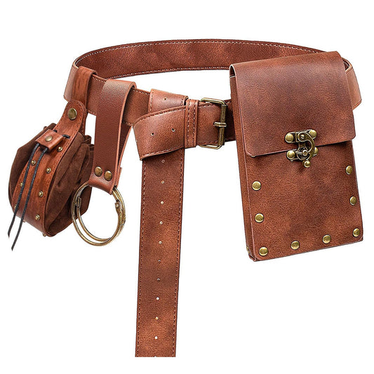 Renaissance Belt Pouch Coin Purse Skirt Hike Set Medieval Festival Costume Halloween Accessories Casual Fanny Pack Waist Bag (2Pouch-Brown)