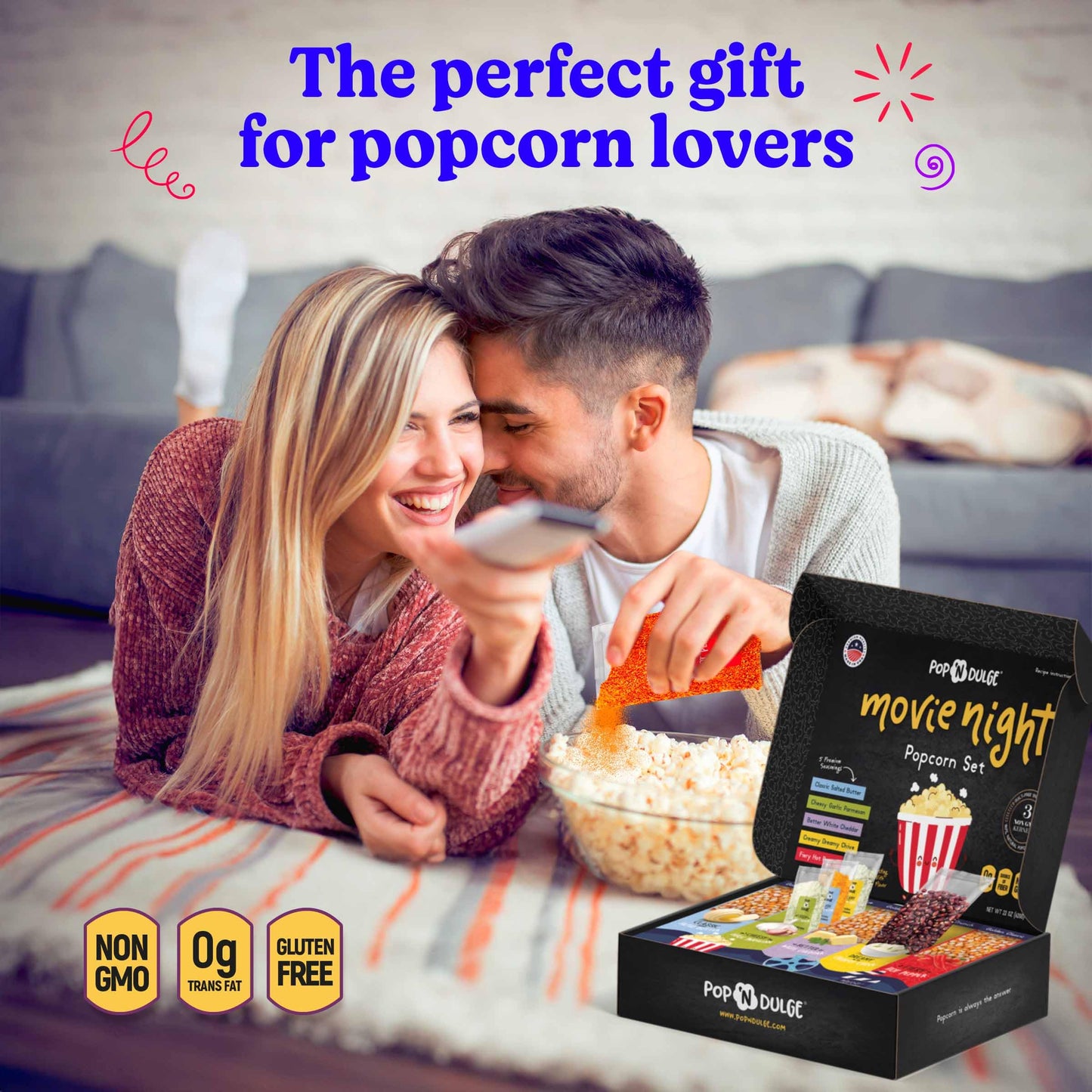 Pop n' Dulge Popcorn Movie Night Supplies 16 pcs Gift Set, 5 Gourmet Popcorn Kernels, 5 Seasoning Variety Packs Non-GMO Kosher Snacks, Great Housewarming Family Date Night Gifts Basket Ideas For Him Her