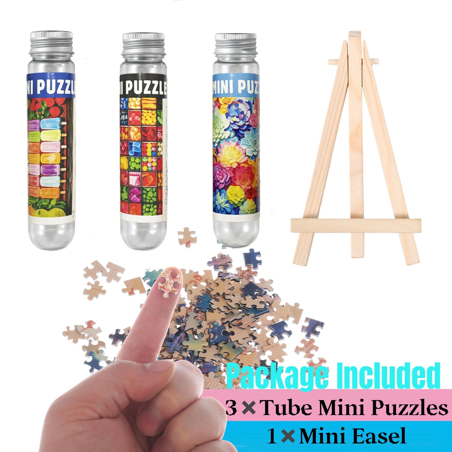 Small Jigsaw Puzzles for Adults 150 Pieces Colorful Candy Ice Pop Succulent Mini Jigsaw Puzzles Challenging Mini Puzzles Tiny Jigsaw Puzzles 6 x 4 Inches, 3 Pcs,Mini Easel Included