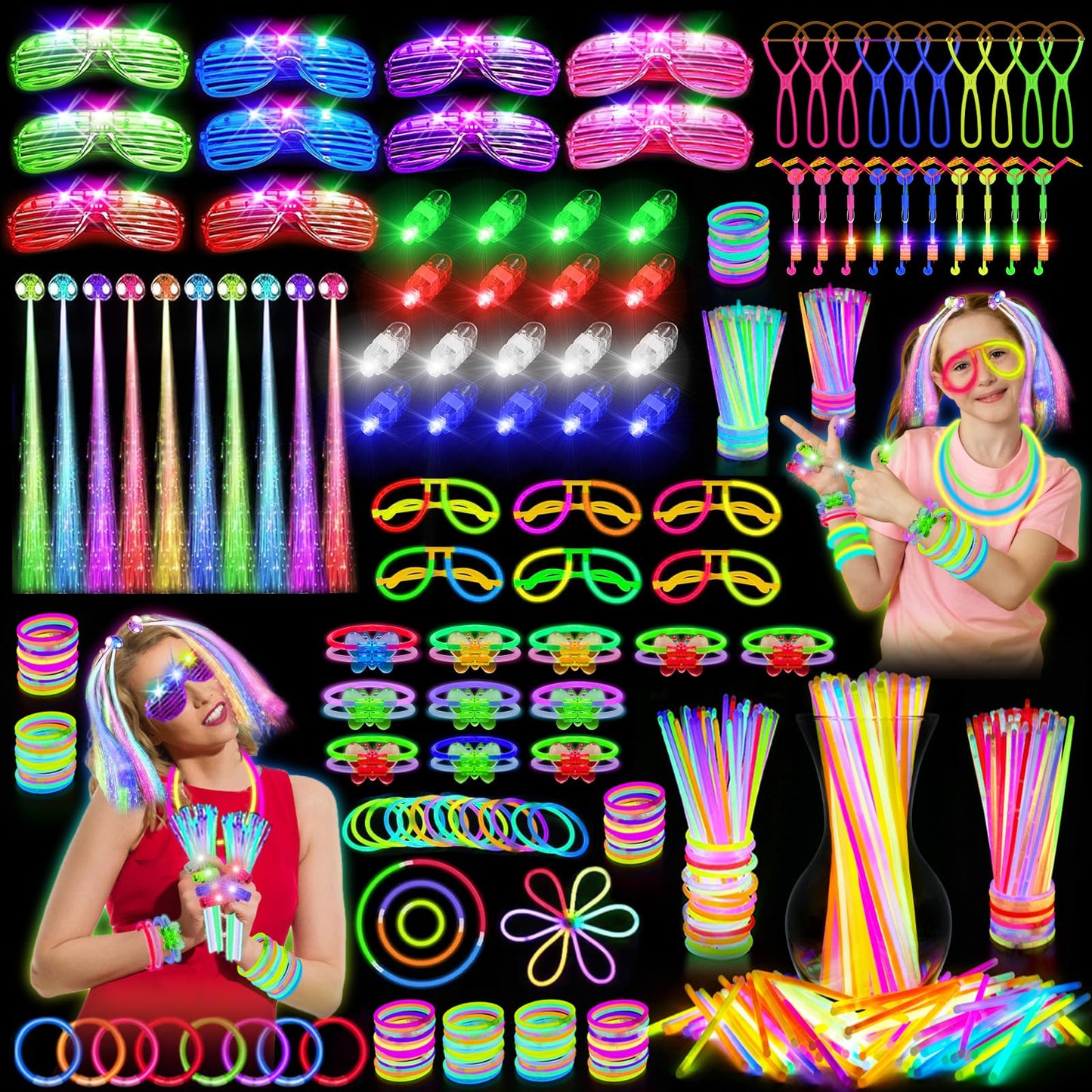 OLUPP Glow in the Dark Party Supplies, 264 PCS Light Up Party Favors with LED Glasses,Glow Sticks,Finger Lights,LED Hair Clips,Slingshot,Glasses Molds,Butterfly Bracelet for Birthday,Raves,New Year