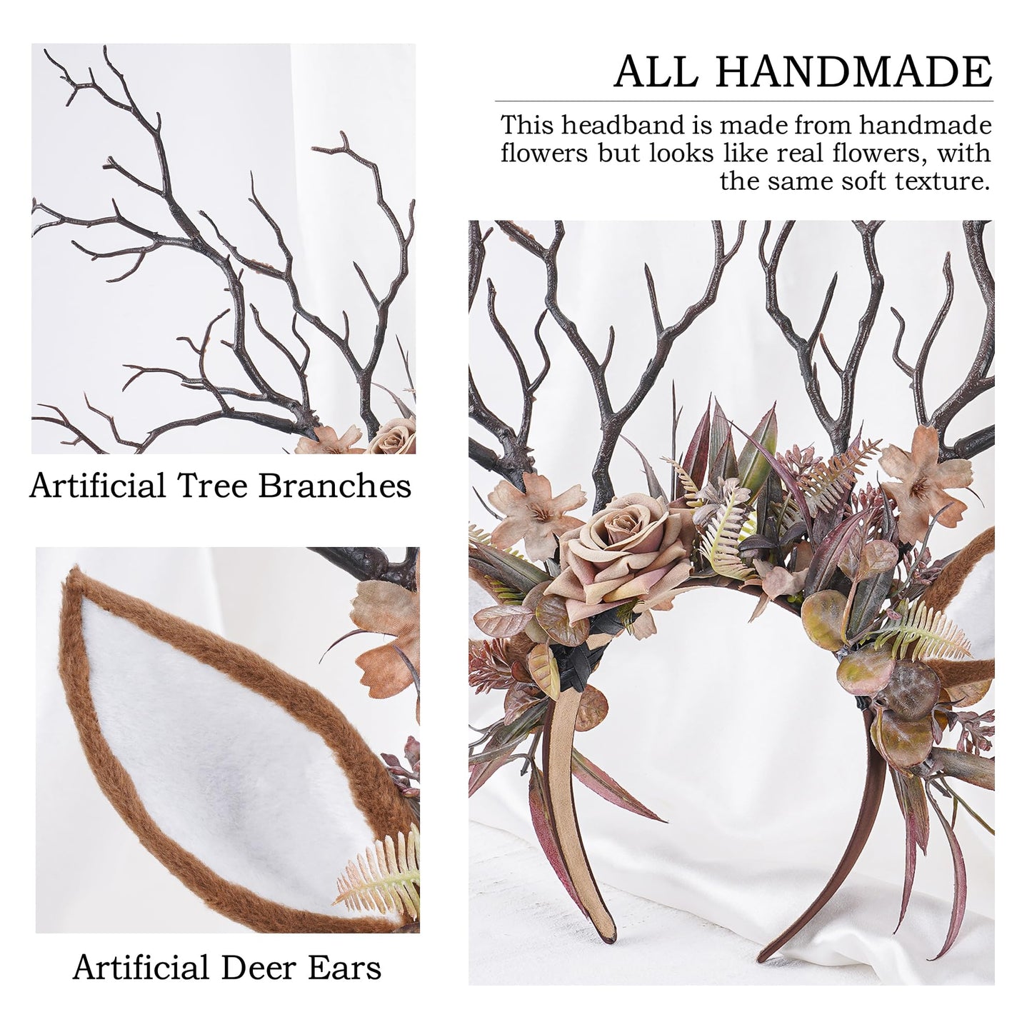 MOSTORY Flower Reindeer Ear Headband - Brown Branch Antlers Headband for Renaissance Deer Costume Women, Floral Antler Hairband for Renfaire Accessories Cosplay Fantasy Photo Shoot