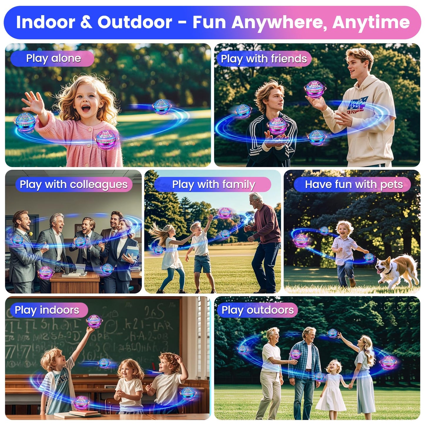 NWLAEWR Flying Orb Ball Toy, Hand Controlled Hover Ball with LED Lights, 360° Rotating Boomerang Globe, Mini Drone Spinner for Kids, Ideal Birthday & Festival Gift for Boys Girls, 2 Pack - Blue&Purple