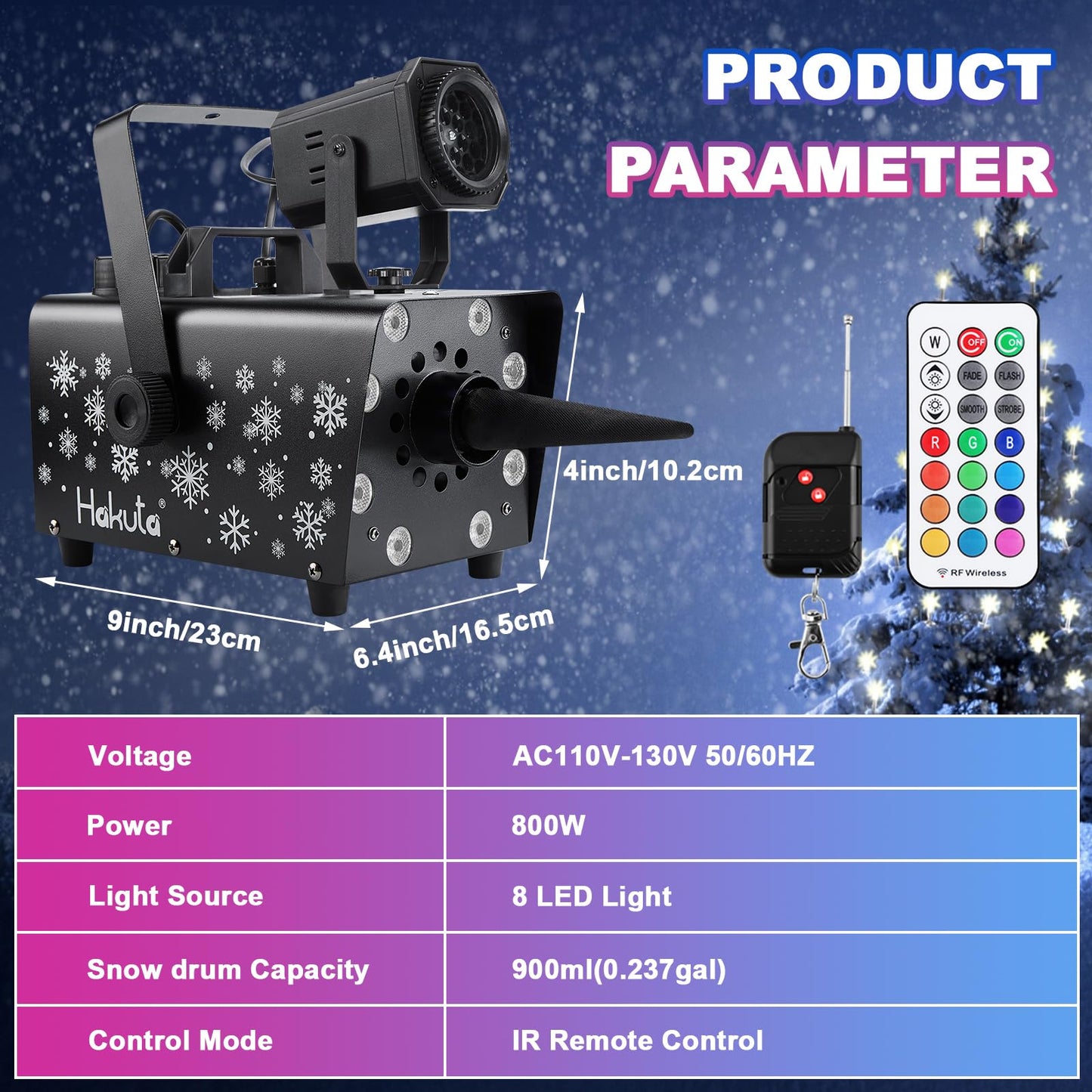 Hakuta Upgraded 800W Snow Machine with 8 LED RGB Lights, LED Projection, and 2 Wireless Remotes, Perfect for Christmas, Halloween,Parties, Wedding and DJ Stage …