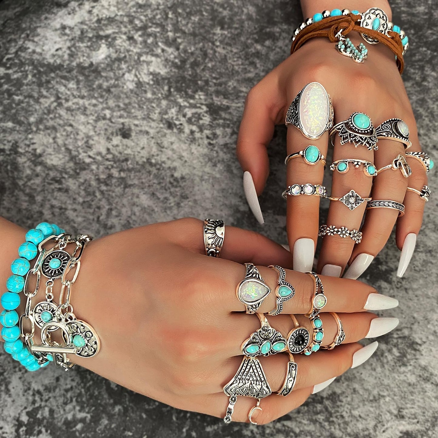 IFKM 50 PCS Silver Bohemian Jewelry Set With 7pcs Turquoise Necklace,12 pairs Dangle Earrings, 7pcs Stackable Bangle Bracelets, 24pcs Knuckle Rings For Women Vintage Western Boho Turquoise Anniversary Birthday Friendship Gift (Bohemian style)