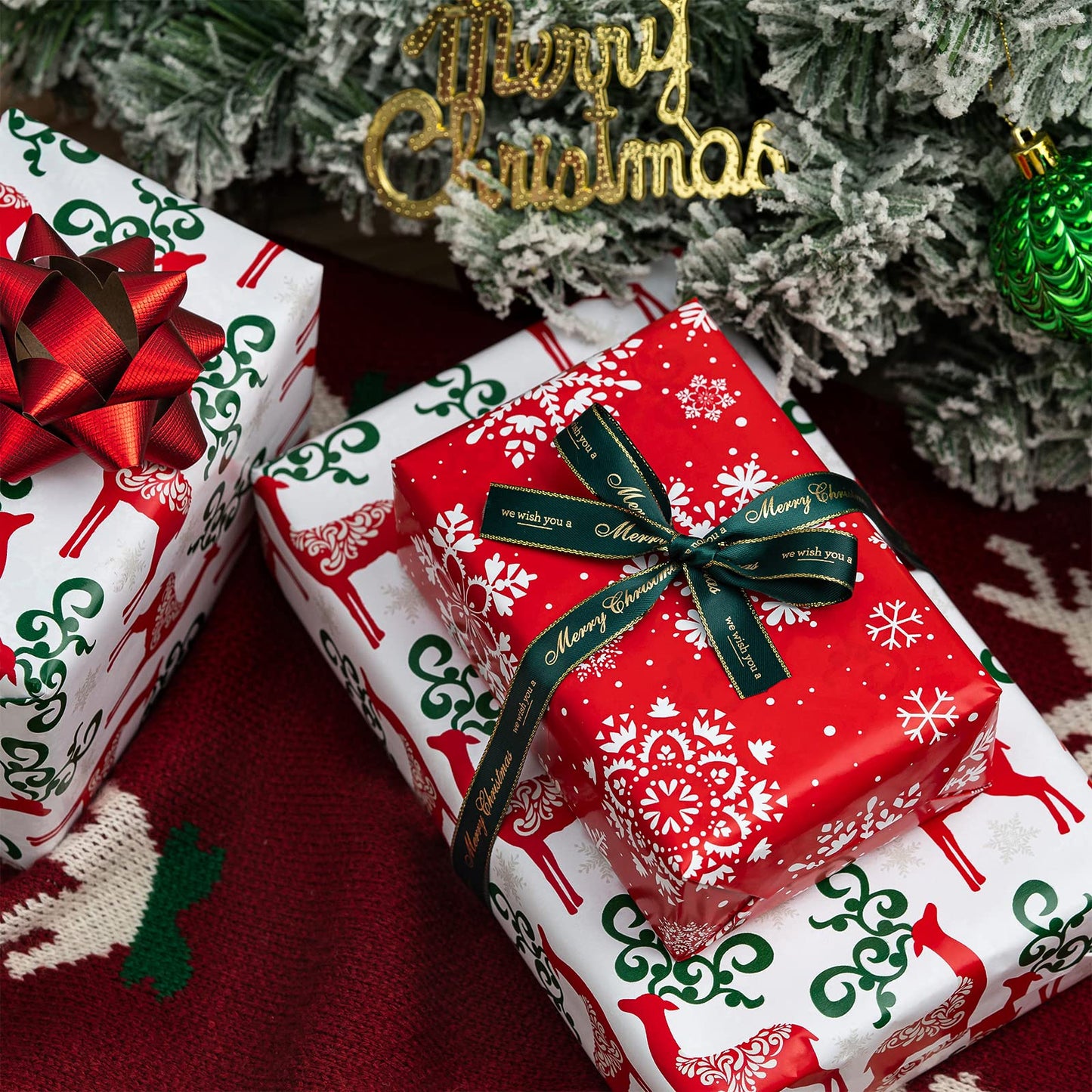 MAYPLUSS Christmas Reversible Wrapping Paper Jumbo Roll - 30 Inches x 100 Feet - Red Green Reindeer and Snowflakes