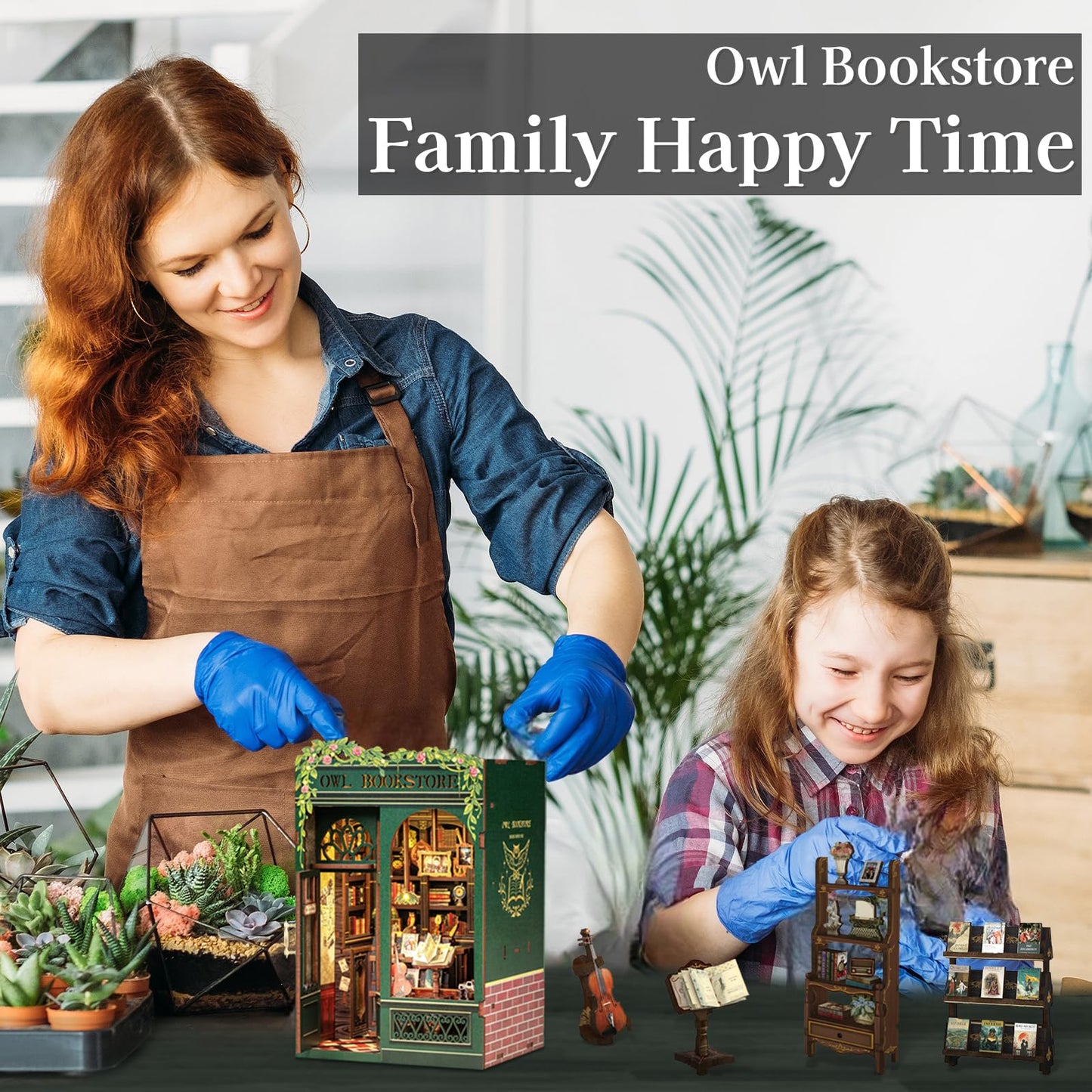 Fsolis Book Nook Kit, DIY Scene Miniature House Kit Tiny House Mini Booknook Craft Bookshelf Decor, 3D Puzzles for Adults, 139 Wooden Pieces, Scale Library Model, Gifts for Book Lovers（OWL Bookstore）