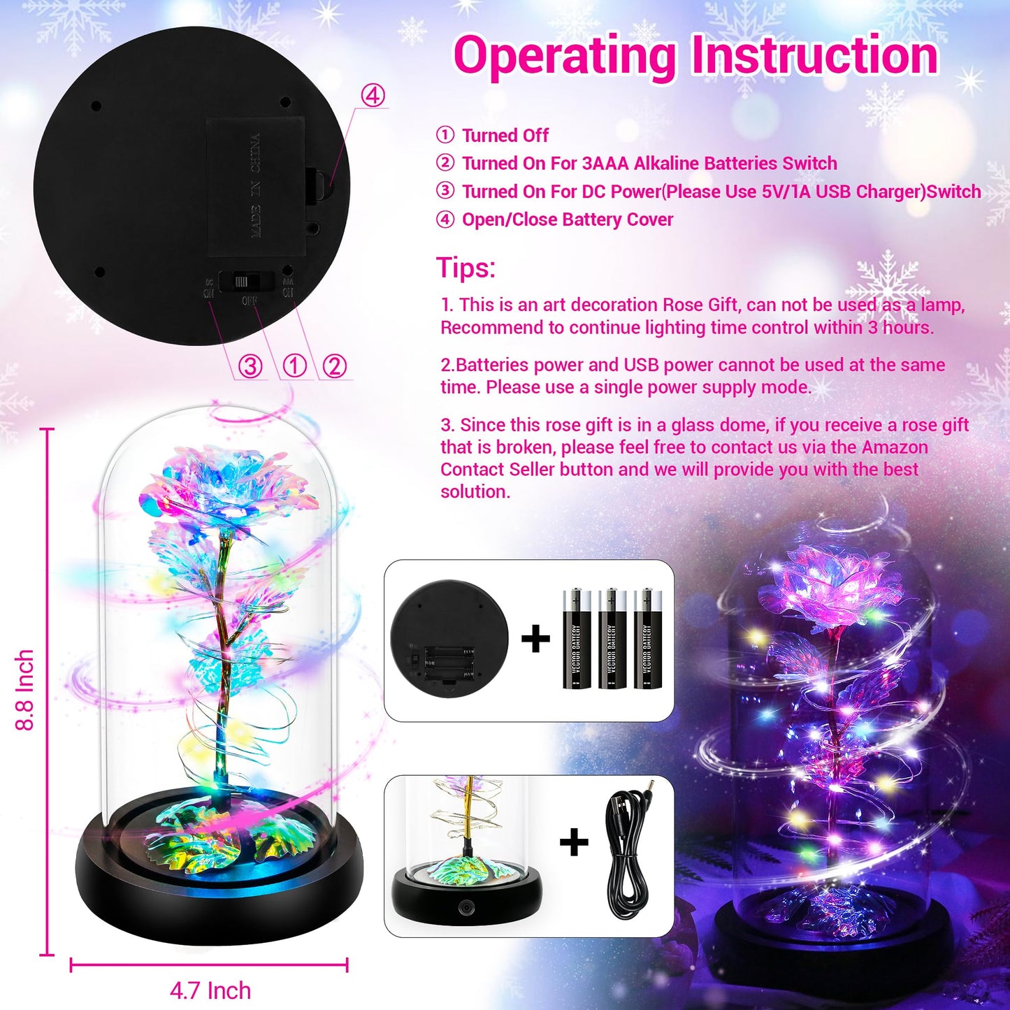 Childom Birthday Gifts for Women,Flowers for Delivery Prime,Rotating Colorful Rainbow Light Up Rose in A Glass Dome,Spinning Christmas Rose Gifts for Her Mom Wife Girl Grandma on Anniversary Valentine