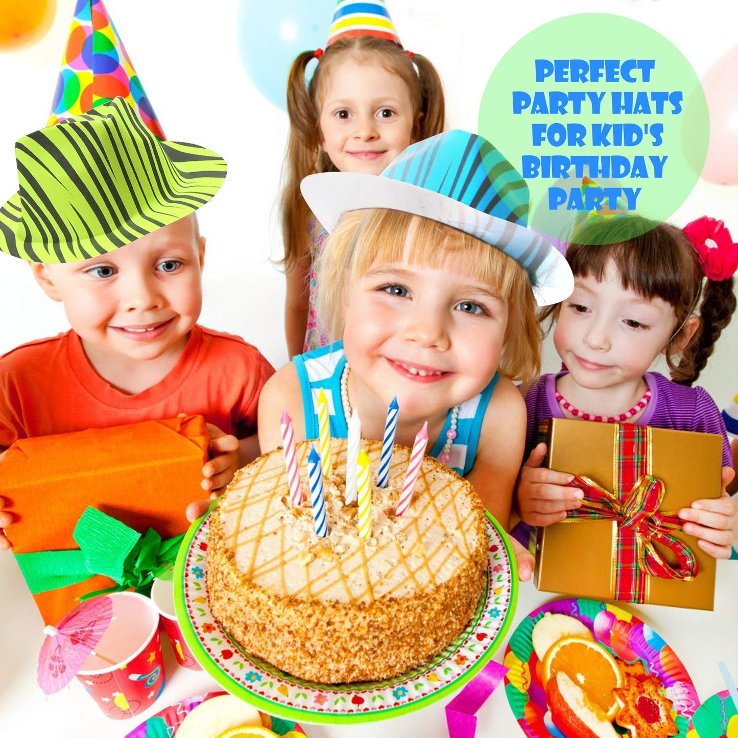 Novelty Place Neon Animal Print Plastic Party Hats, Fedora with Gangster Mafia Style, UV Blacklight Glow Party Stars Rave Hats for Kids and Teens in Birthday, Concerts, Music Party(Pack of 24)