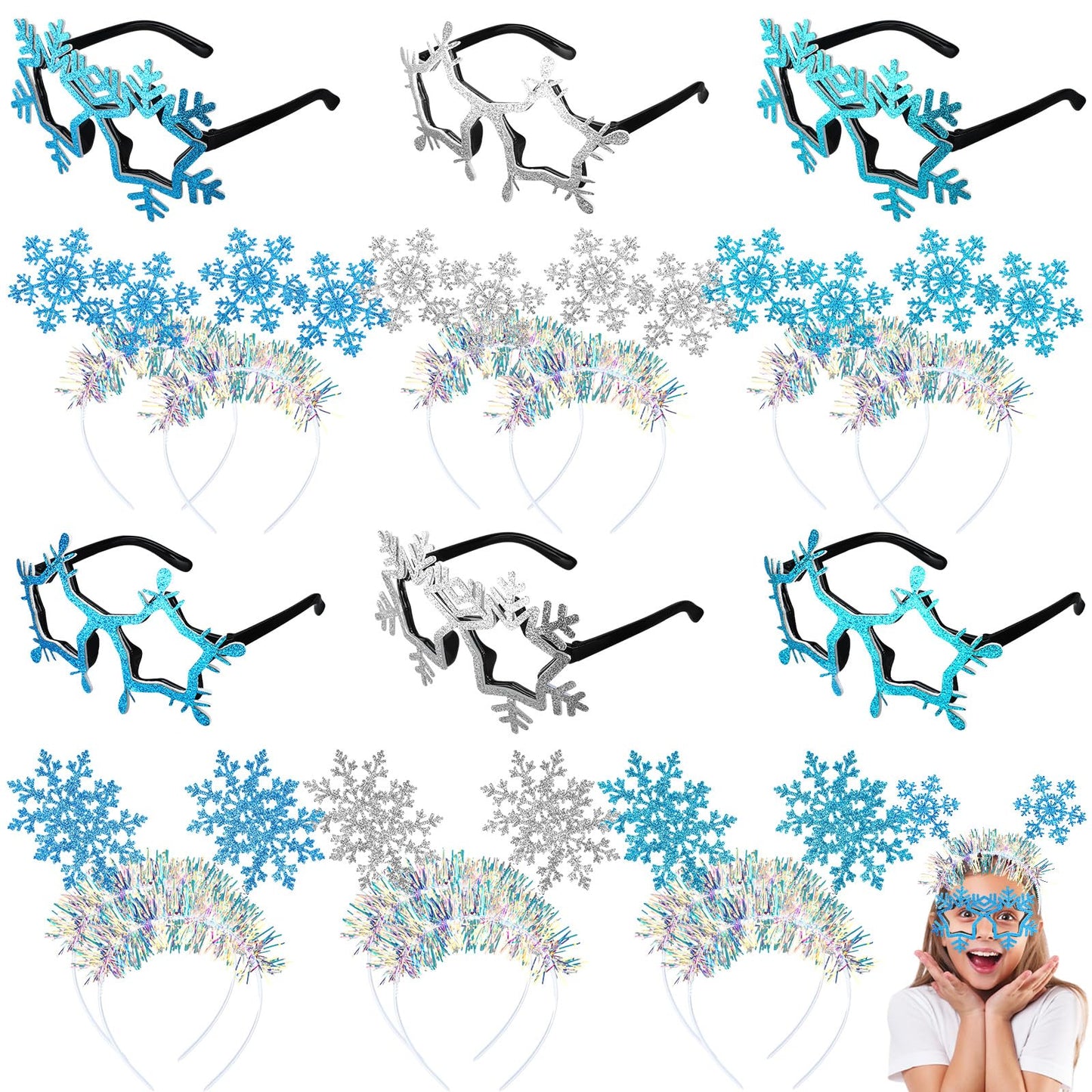 Riceshoot 12 Pcs Christmas Snowflake Headbands Snowflake Glasses Set Christmas Glittered Eyewear Headbands Accessories Party Favors