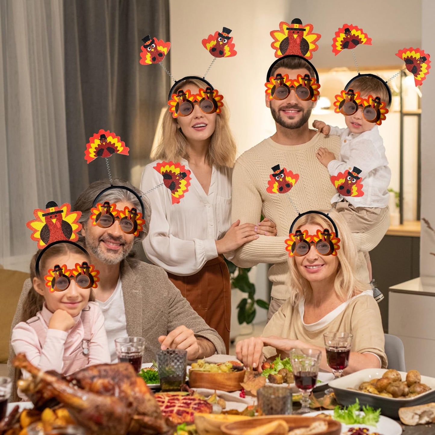 Jovlirz Thanksgiving Turkey Headbands Sunglasses, 3PCS Thanksgiving Glasses Frame & 3PCS Thanksgiving Turkey Head Wear Boppers for Thanksgiving Day Party Favor Costumes Props Fall Theme Party