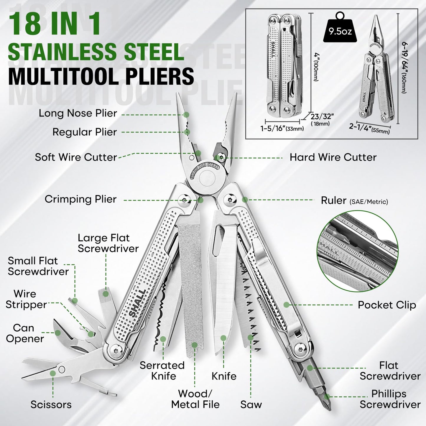 SHALL Multi Tool, 18-in-1 Multitool Pliers, Stainless Steel Multi-tool Pocket Knife w/Screwdriver Bit & Universal Socket, Self-locking Multipurpose Tool w/Sheath for Camping Fishing Survival Hunting