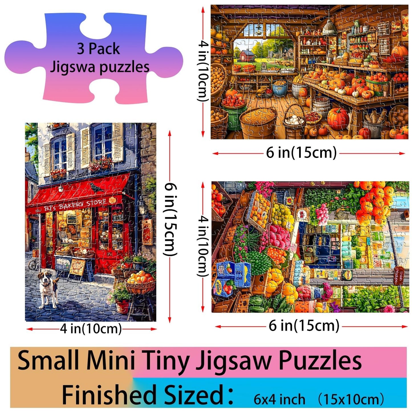 BJscoe 3 Packs Mini Jigsaw Puzzles, 150 Pieces Each, Vintage Streetscape Oil Painting, Retro Style, Cardboard Material, 6 x 4 Inches, 3 Count, For Adults