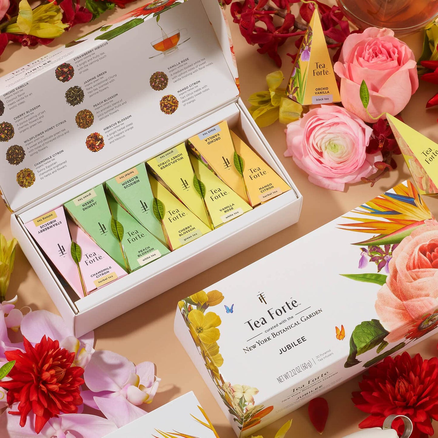Tea Forte Jubilee Presentation Box Tea Gift Set Sampler, 20 Count 2 of Each Variety Individually Wrapped Handcrafted Pyramid Infuser Bags