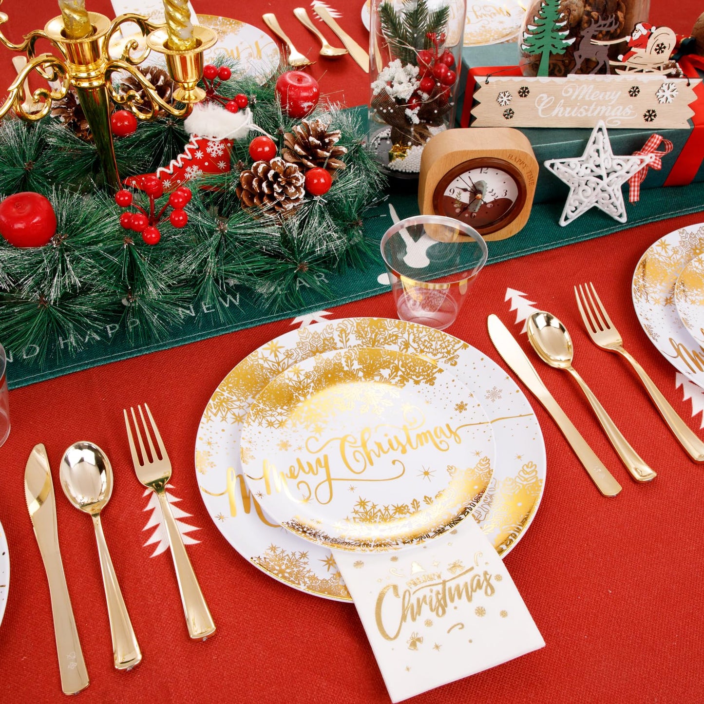 DaYammi 175Pcs Christmas Gold Plastic Dinnerware Set, 50Pcs Heavyduty Disposable Party Plates,Fancy Snowflake Design, 75Pcs Gold Plastic Cutlery,25Pcs 9oz Gold Cups,25Pcs Napkins Perfect for Christmas