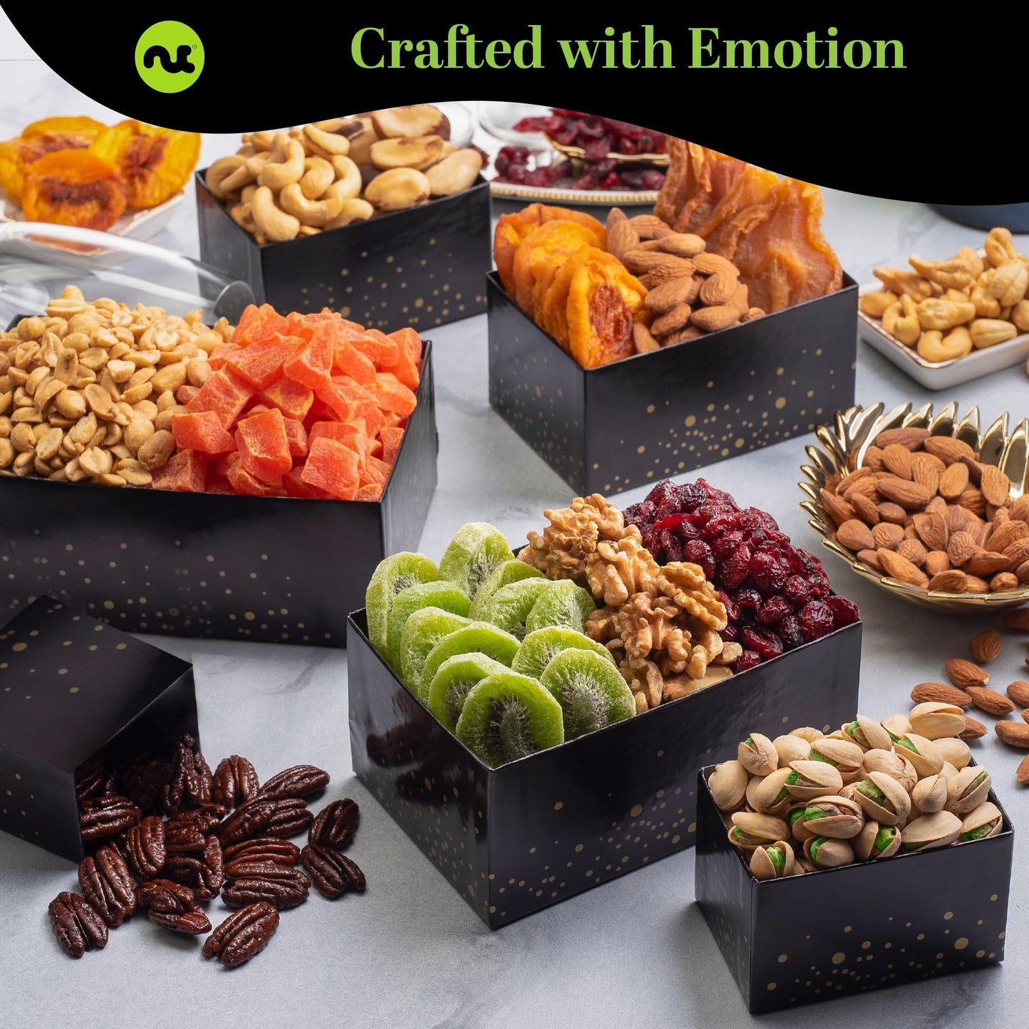 NUT CRAVINGS - Mixed Nuts Gift Basket Black Tower + Heart Ribbon (12 Assortments) Food Arrangement, Healthy Snack Care Package, Food Assortments