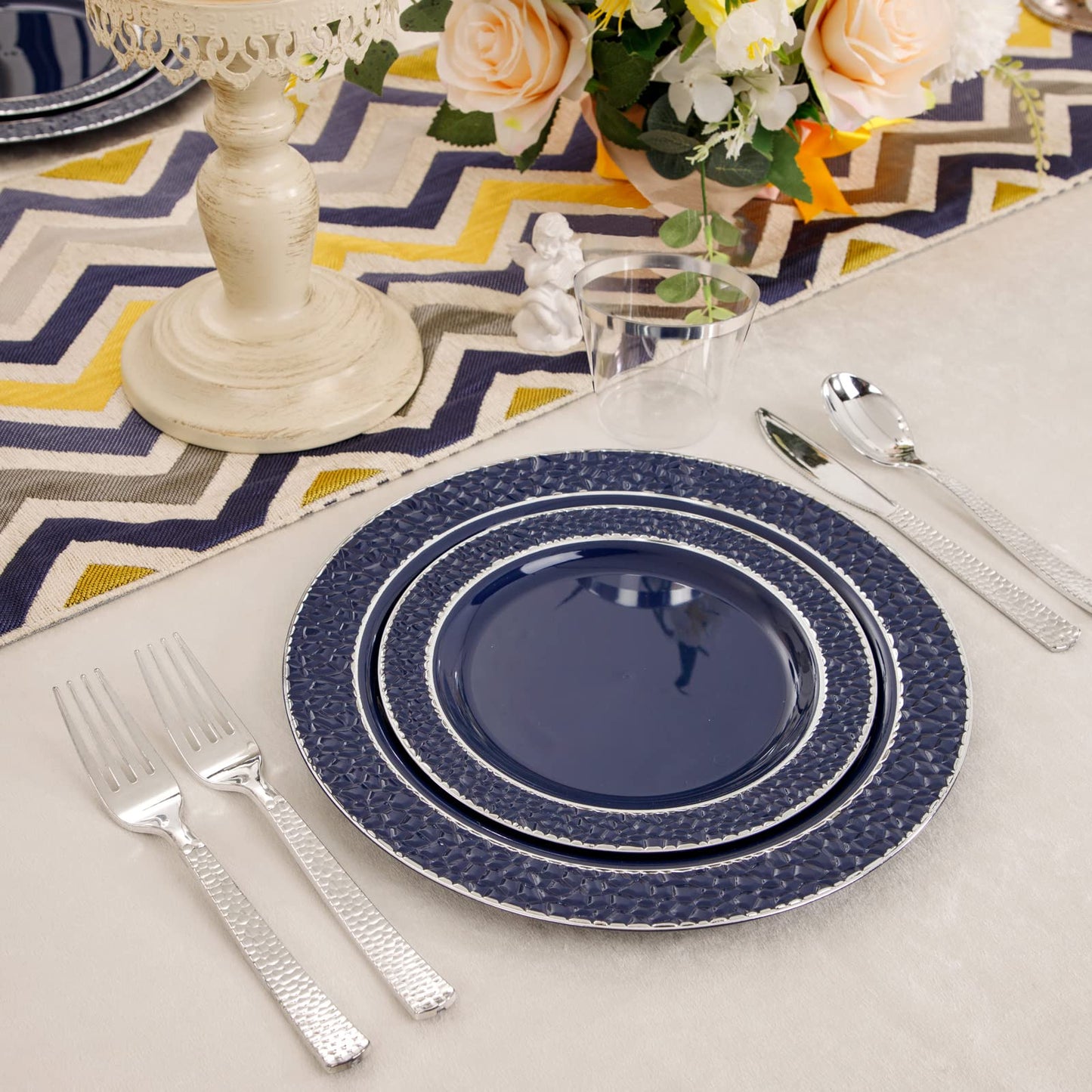 Ciaell 150 PCS Blue and Silver Plastic Plates - Blue Disposable Plate include 50 Plates, 25 Knives, 25 Forks, 25 Spoons, 25 Cups for Weddings & Party & Graduation