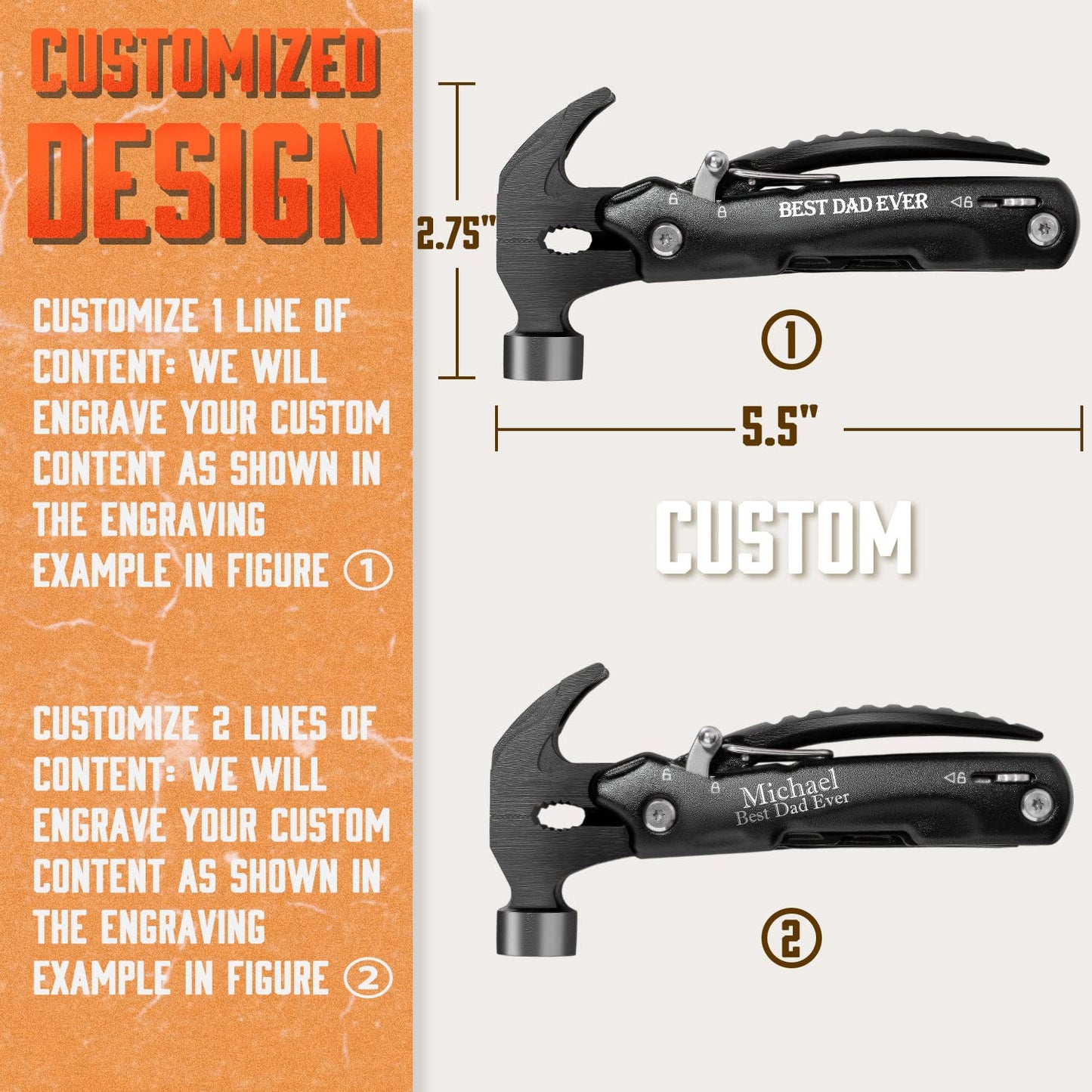 Custom Gifts For Men, Hammer Multi Tool 12 In 1, Camping Gear Survival Gadgets, Dad, Husband, Boyfriend, Grandpa, Grandson, Uncle, Brother, Groomsman, Anniversary Father's Day Birthday Valentines Gift