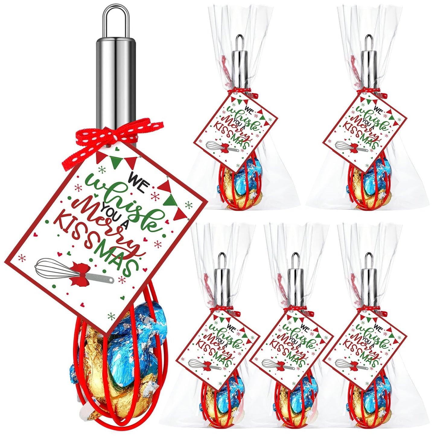 Nuogo 6 Sets Christmas Whisk Baking Supplies Gifts Sets Includes Stainless Steel Whisk, Greeting Cards, Ribbons, Plastic Bags for Neighbor Employee Cooking Supplies Christmas Stocking Stuffers Ideas