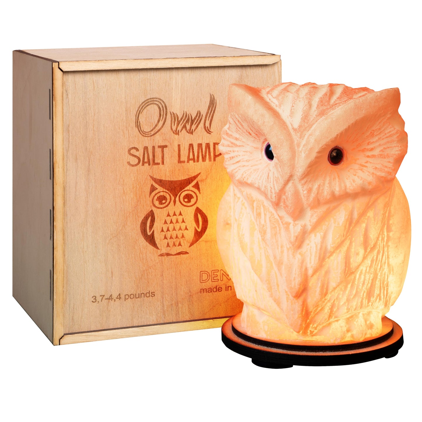 Owl Crystal Salt Lamp H 6.7”, 4.4 lbs - Pure Natural Rock Salt – Unique Night Light Lamp - 1 Light Bulb as a Gift - Wooden Present Box - Holiday Gift Ideas - Cool Room Décor