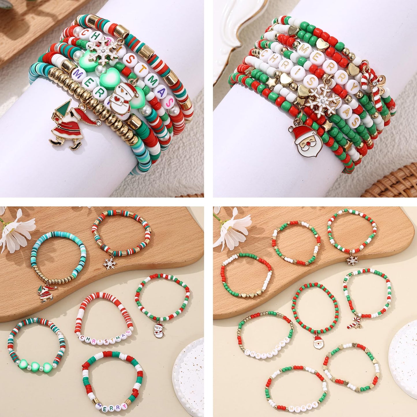 Cooluckday 36Pcs Christmas Bracelets Bulk Christmas Gifts for Women Christmas Friendship Bracelets Xmas Snowflake Snowman Bell Santa Claus Bracelets Stretch Bracelets as Party Gifts Bag Filler
