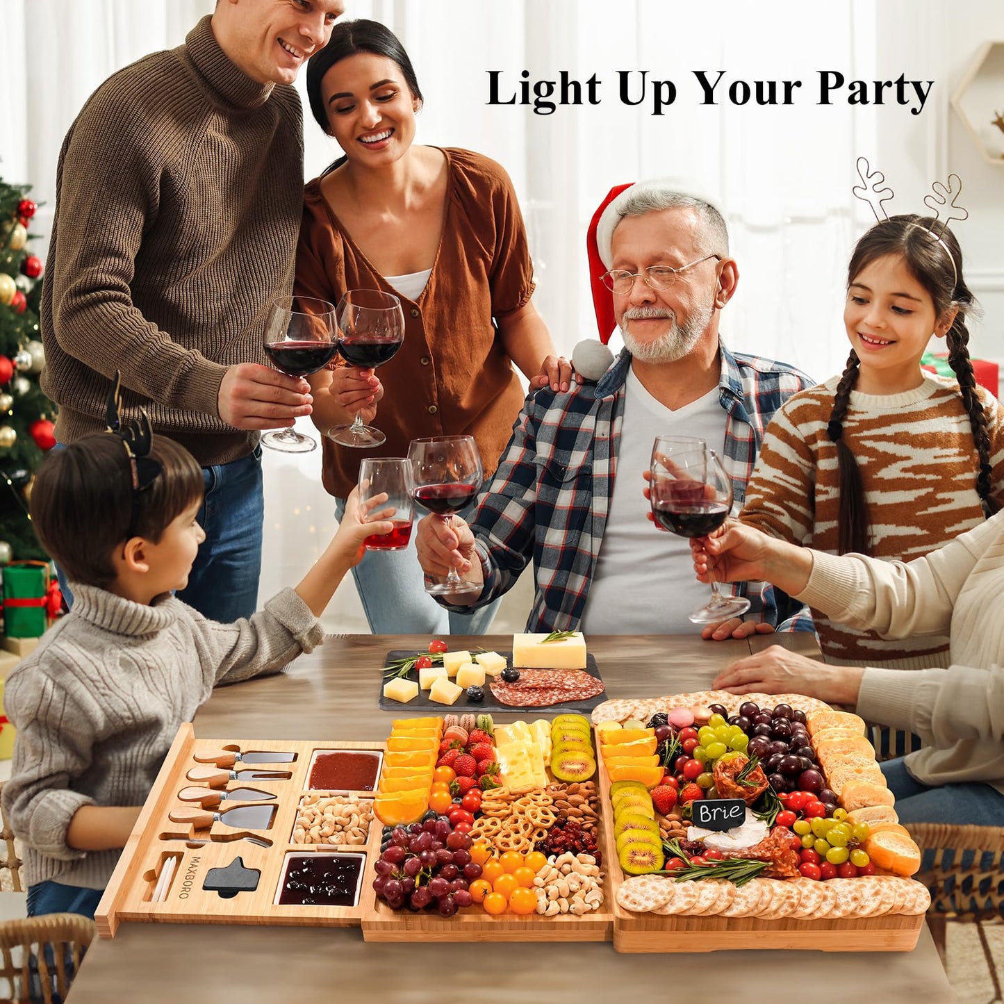 Extra Large 33.7x15.7 inch Charcuterie Boards Gift Set, 100% Bamboo Cheese Board and Knife Set, Cool Meat Cheese Platter Tray, House Warming Gifts New Home, Ideas for Women Mom