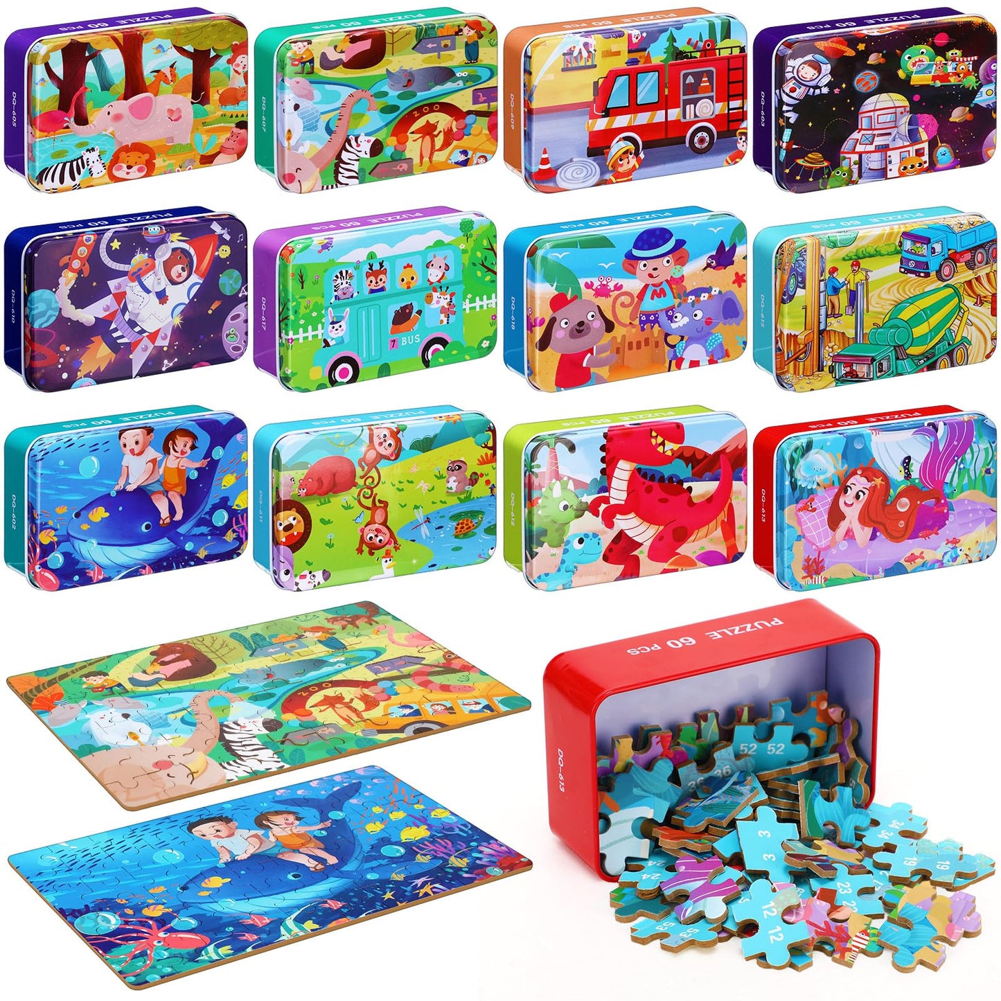 Silipull 12 Boxes Party Favors Jigsaw Puzzles in a Metal Box for Age of 4-8, Wooden Puzzle for Ages 4-8 Boys and Girls Learning Educational Jigsaw Pieces Toys, 12 Styles(Novel)