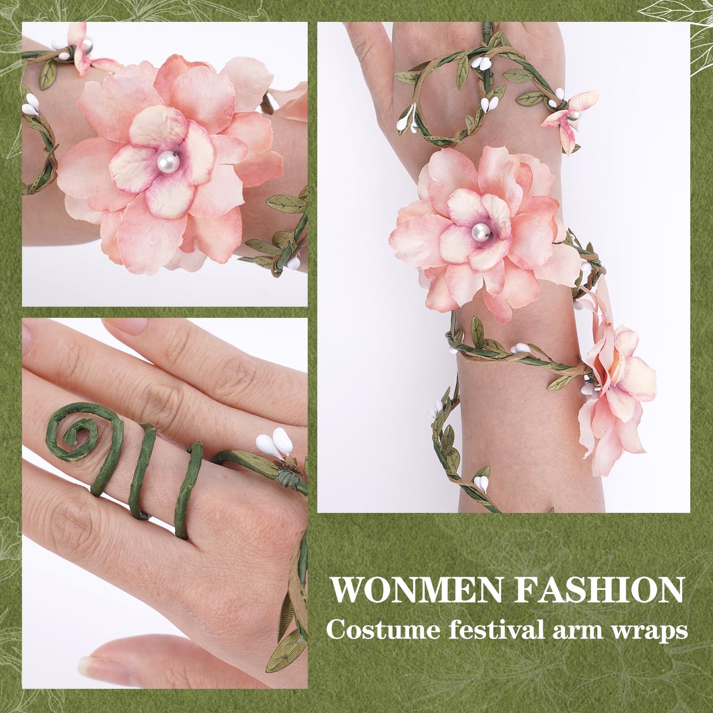 FRESHME Renaissance Fairy Flower Arm Wrap - 1 PC Elf Arm Cuff Bracelet with Pink Flowers Woodland Forest Mother Nature Costume Poison Ivy Costume Fantasy Renfaire Cosplay Prom Dress Up Accessories for Women