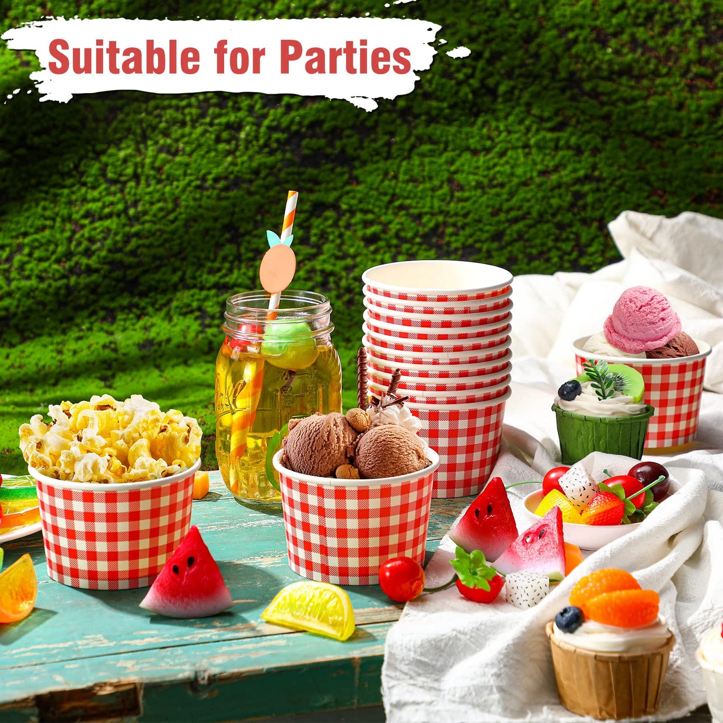 Tessco 100 Pack 12oz Ice Cream Cups Gingham Snack Bowls Party Supplies Gingham Bowls for Hot Soup Snacks Fruits(Red)
