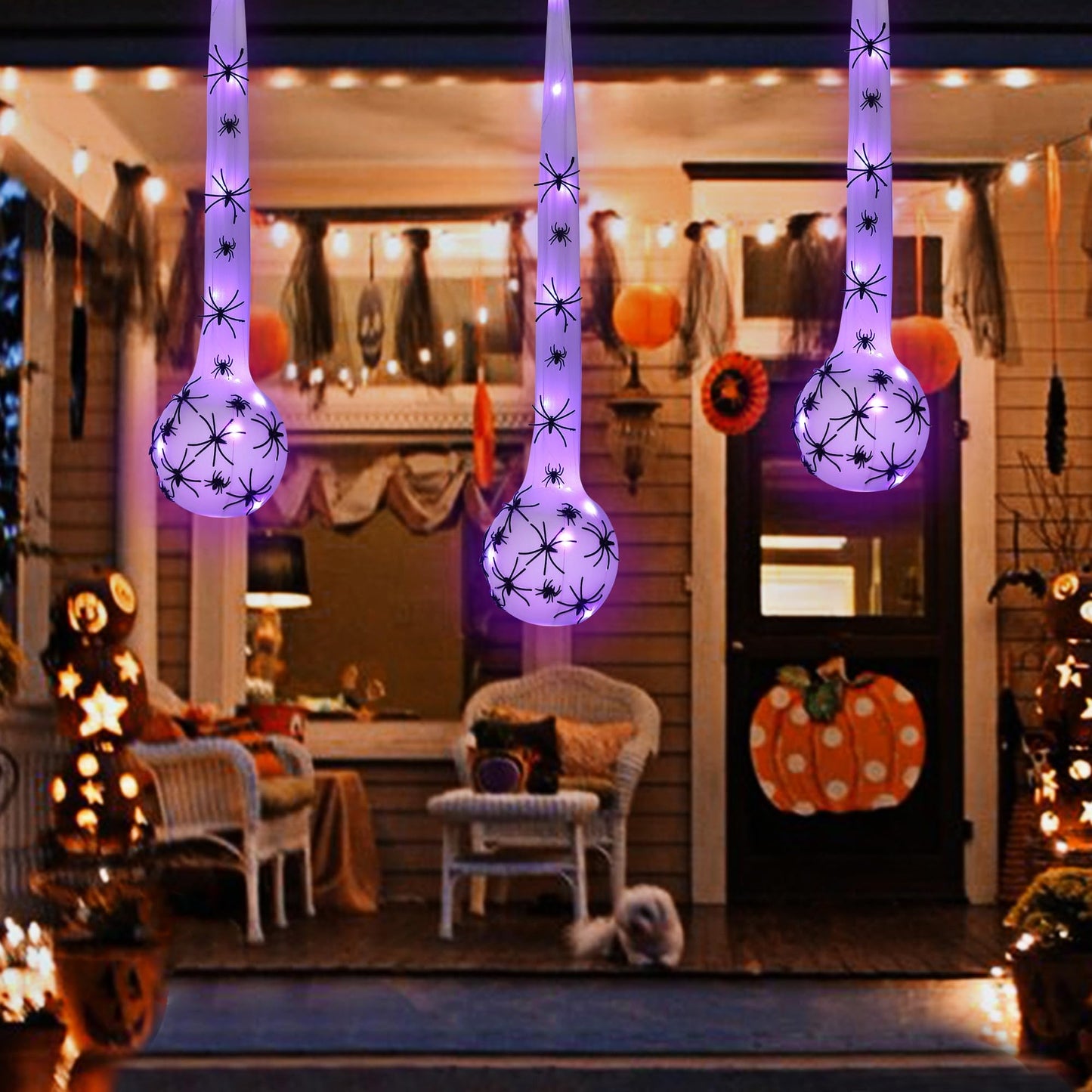 DR.DUDU 3 Pack Hanging Halloween Decorations Outdoor Giant Spider Egg 5"x28", Light Up Spider Webs with Purple LED Lights, Waterproof for Halloween Props Party Gifts, Yard Garden Tree House Décor