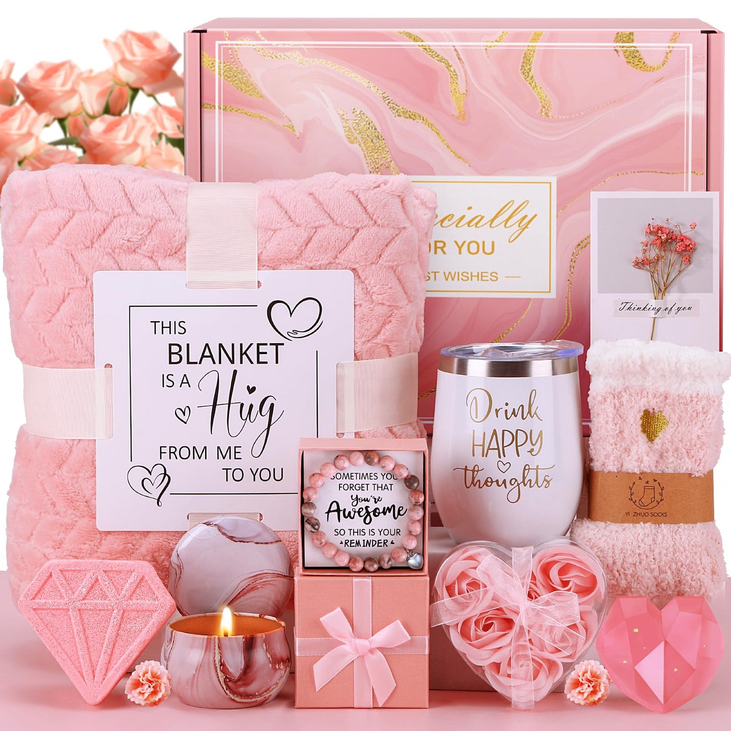 Birthday Gifts for Women Self Care Gift Set, Pink Relaxing Spa Gifts Basket Women Care Package Get Well Soon Gifts, Unique Christmas Presents for Mom Her Wife Sister Grandma, Thinking of You Gifts