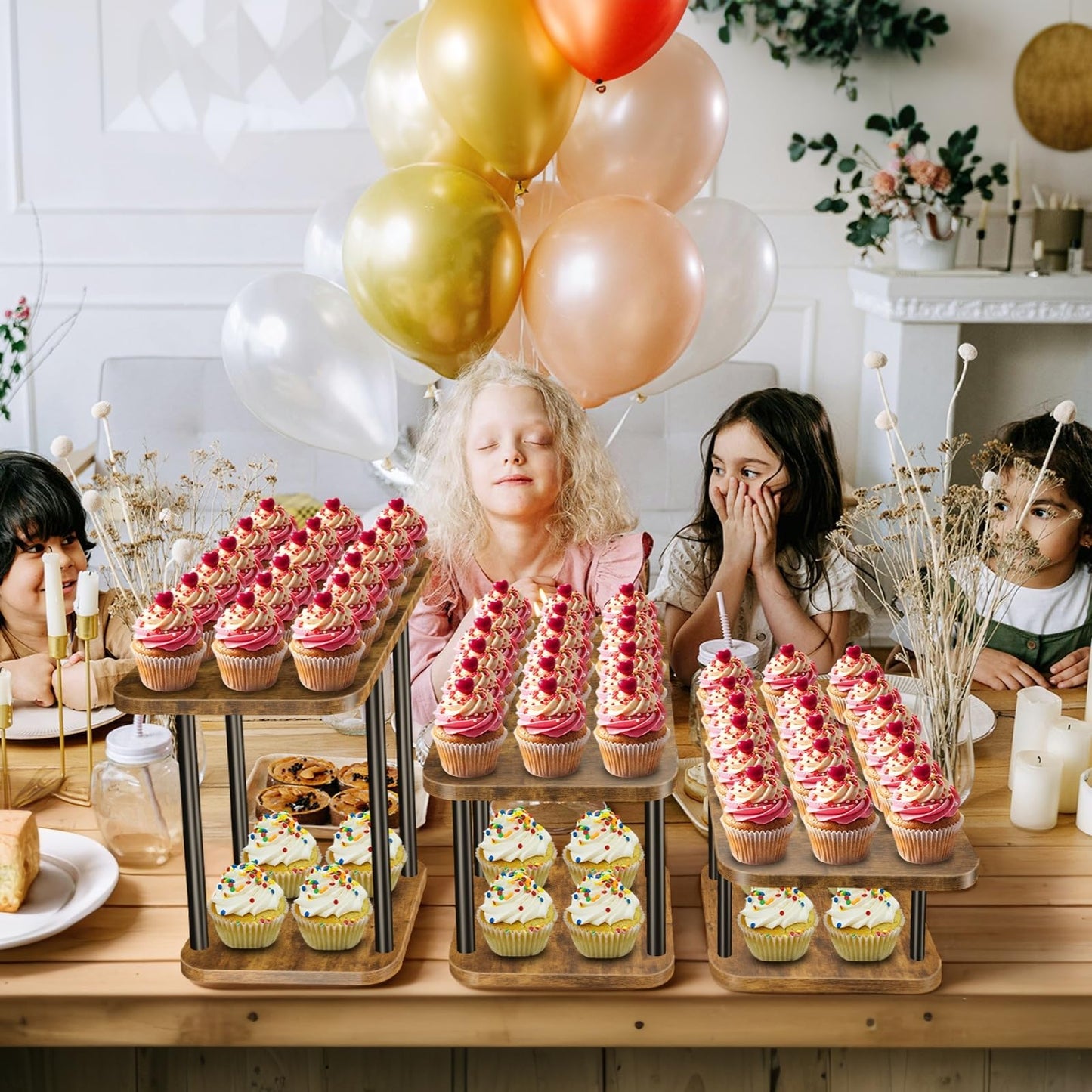 LLAXERGU Cupcake Stand for 50 Cupcakes Wooden Dessert Table Display Set Rustic Dessert Stands Rectangle Serving Tray for Party Baby Shower Birthday Graduation Wedding