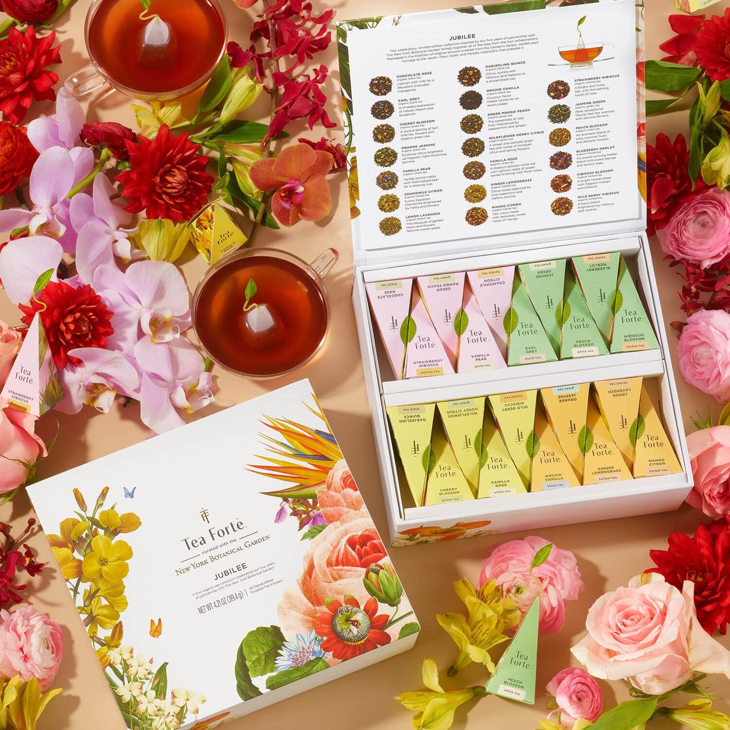 Tea Forte Jubilee Premium Tea Chest Gift Sampler, 40 Count, 2 of each Variety Blend Individually Wrapped Handcrafted Pyramid Infuser Bags