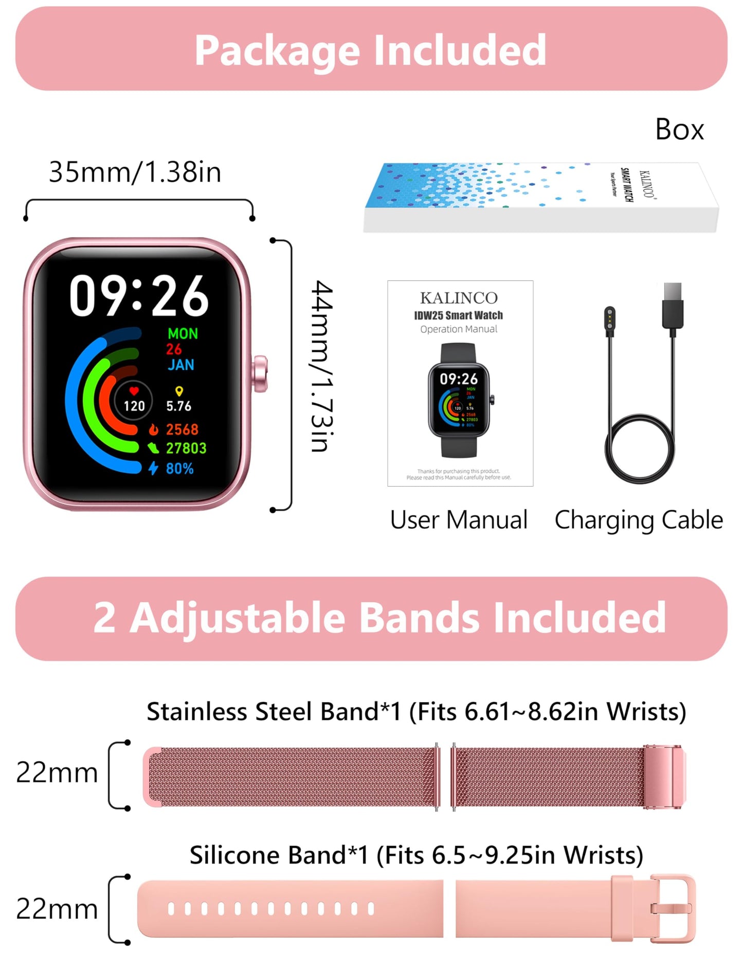 KALINCO Smart Watch Women [2 Bands, 44mm case] Alexa Fitness Tracker, Heart Rate, Sleep, Stress & SpO2 Monitor, IP68 Waterproof Smartwatch, Make/Answer Calls, Compatible with iPhone & Android Phones