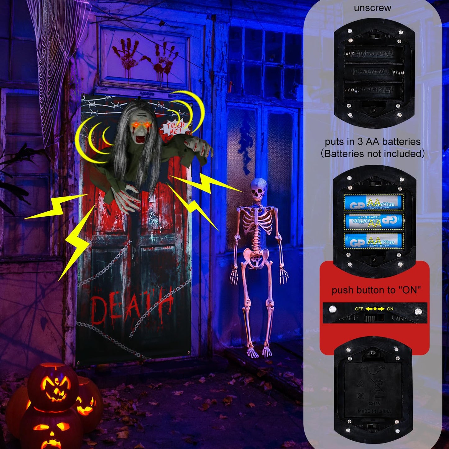 GUDELAK 6.6FT Animated Hanging Halloween Decorations Outdoor Zombie with Light Up Red Eye, Halloween Door Decorations with Halloween Backdrop, green, W-GS-GG-CK-KYB-1