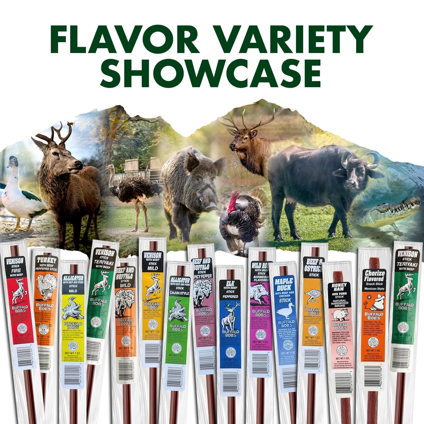 Buffalo Bob's Wild Game Meat Snacks (1oz Stick, 15 Pack) Exotic Variety Assortment Sampler, Gift for Men/Dad, Stocking Stuffer, Adventure Enthusiast