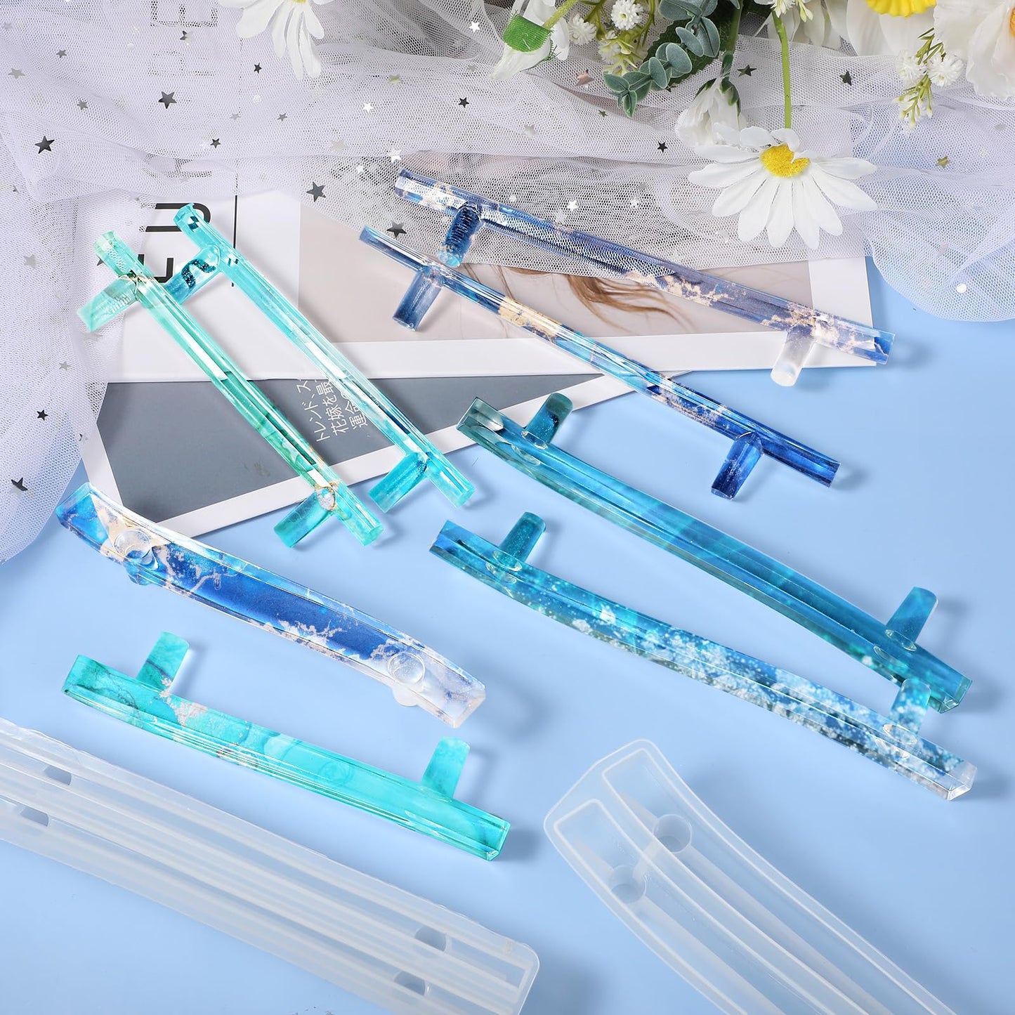 meekoo 2 Pcs Large Silicone Resin Tray Molds with 4 Pcs Handles Serving Tray Resin Mold for Making Jewelry Plates Tea Coasters Art Craft Casting Supplies(Flower, Oval)