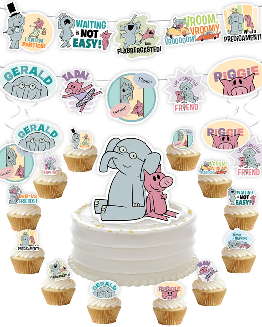 Elephant and Piggie Party Supplies Boy or Girl Birthday Party Decor with 8 Foot Banner, 24 Cupcake Toppers, Cake Topper, 4 Streamers with Gerald and Piggie Book Characters by Mo Willems (Party Set)