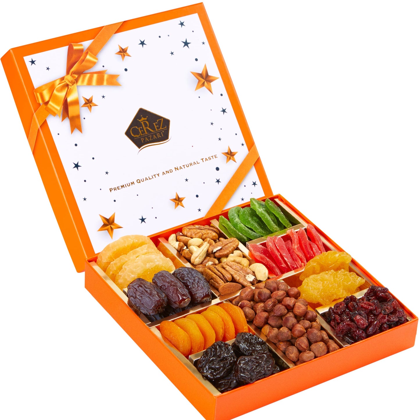 Cerez Pazari Dried Fruit and Nuts Gift Basket, Gourmet Holiday Gift Box Variety Of 10, Healthy Party Snack, Elegant Orange Box, 1.43 lbs