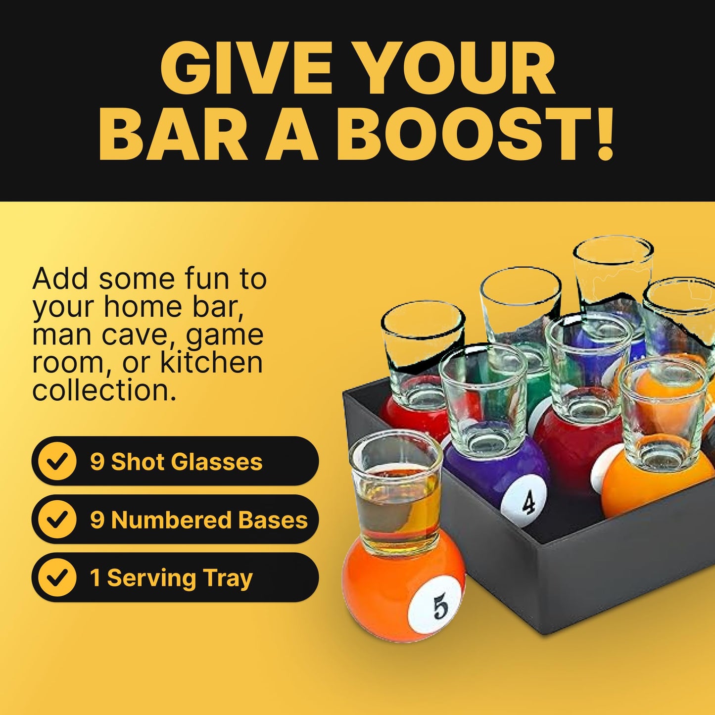 Billiards Pool Ball Shot Glasses, Set of 9 - Fairly Odd Novelties - Fun Sports Bar Drinking Gift Pack, Multicolor,1 ounce