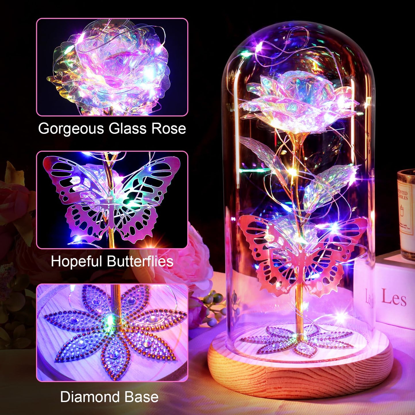 Birthday Gifts for Women Mom Galaxy Glass Rose Forever Preserved Flowers for Delivery Prime Artificial Eternal Rose in Glass Dome Mothers Day Moms Gift for Grandma Wife Daughter, Rainbow