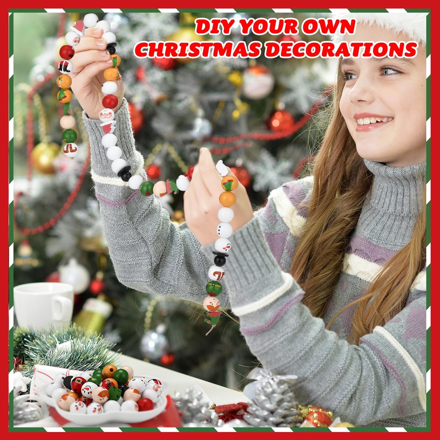 Suzile 150 Pcs Christmas Wood Beads with Twine Xmas Santa Gingerbread Man Snowman Elf Wooden Bead Farmhouse Rustic Round Wooden Beads for Crafts DIY Christmas Winter Party Supplies Decor Ornaments